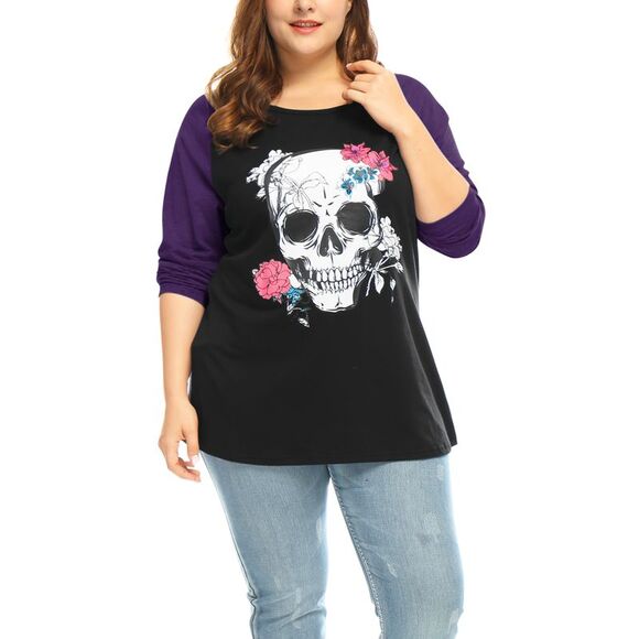 uxcell Tops - Women's Plus Size Tee Shirts Floral Skull Long Sleeve Tops Purple